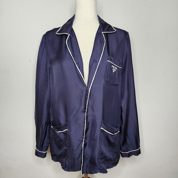 Prada Other - Authentic PRADA 2022 Navy and White Silk Pajama Top Size Small